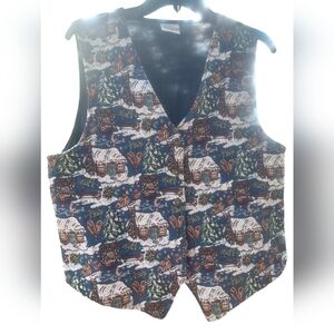 Bobbie Brooks 90s Tapestry Winter Christmas Vest Women's Large Snowy Cabin